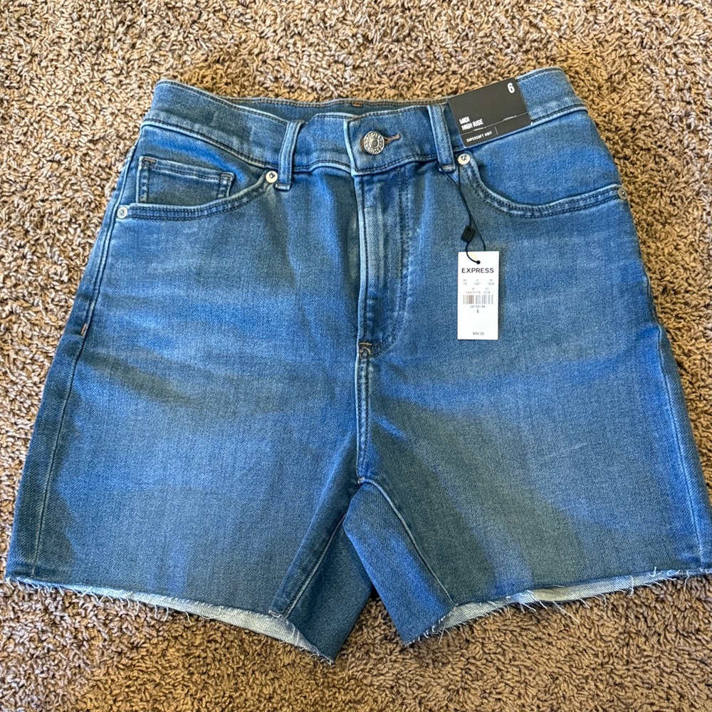 Express Mid-Blue High-Waist Denim Shorts
